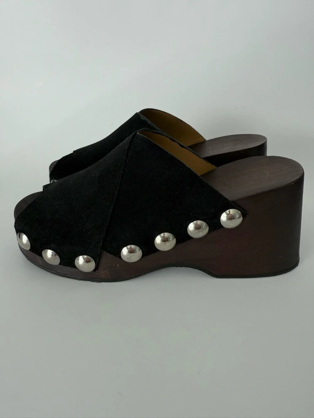GANNI Retro Studded Wood Black Suede Clogs Open Toe Wedge - Picture 2 of 16